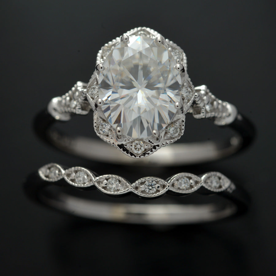 Oval Halo engagement ring Vintage inspired with band