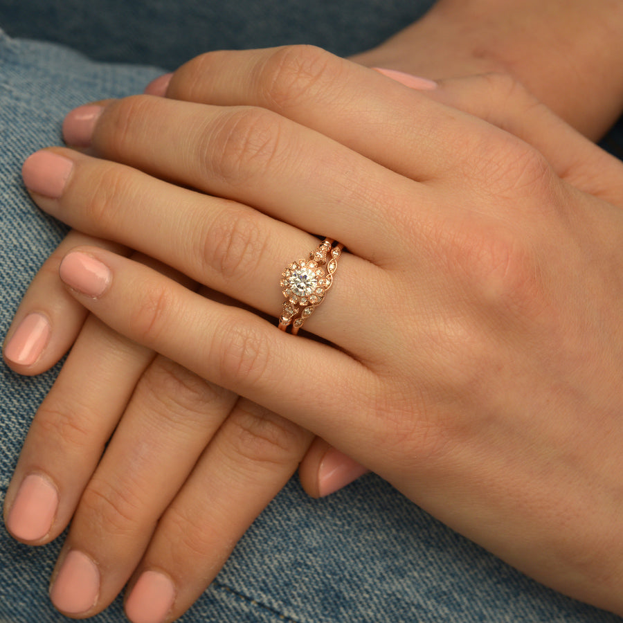 round halo vintage inspired engagement ring in rose gold