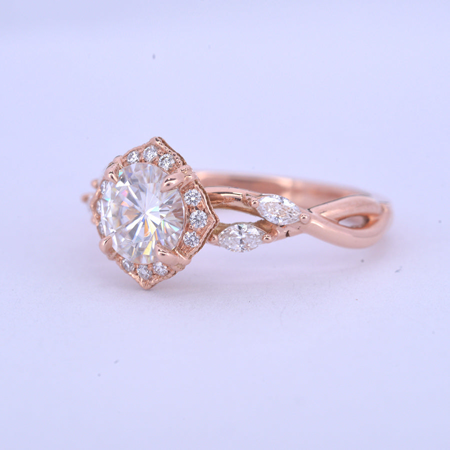 Rose gold engagement ring vintage inspired halo with a vine twist band