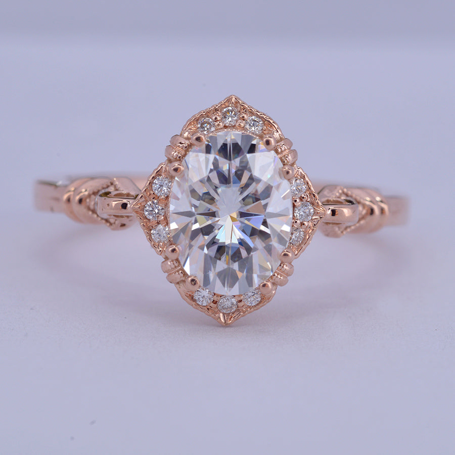 Oval Halo vintage look engagement ring in rose gold