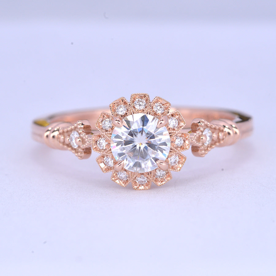 round halo vintage inspired engagement ring in rose gold