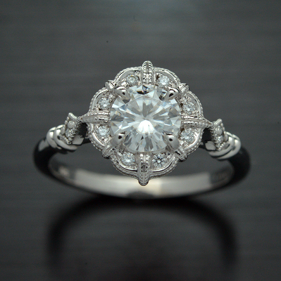 round halo vintage look engagement ring in withe gold