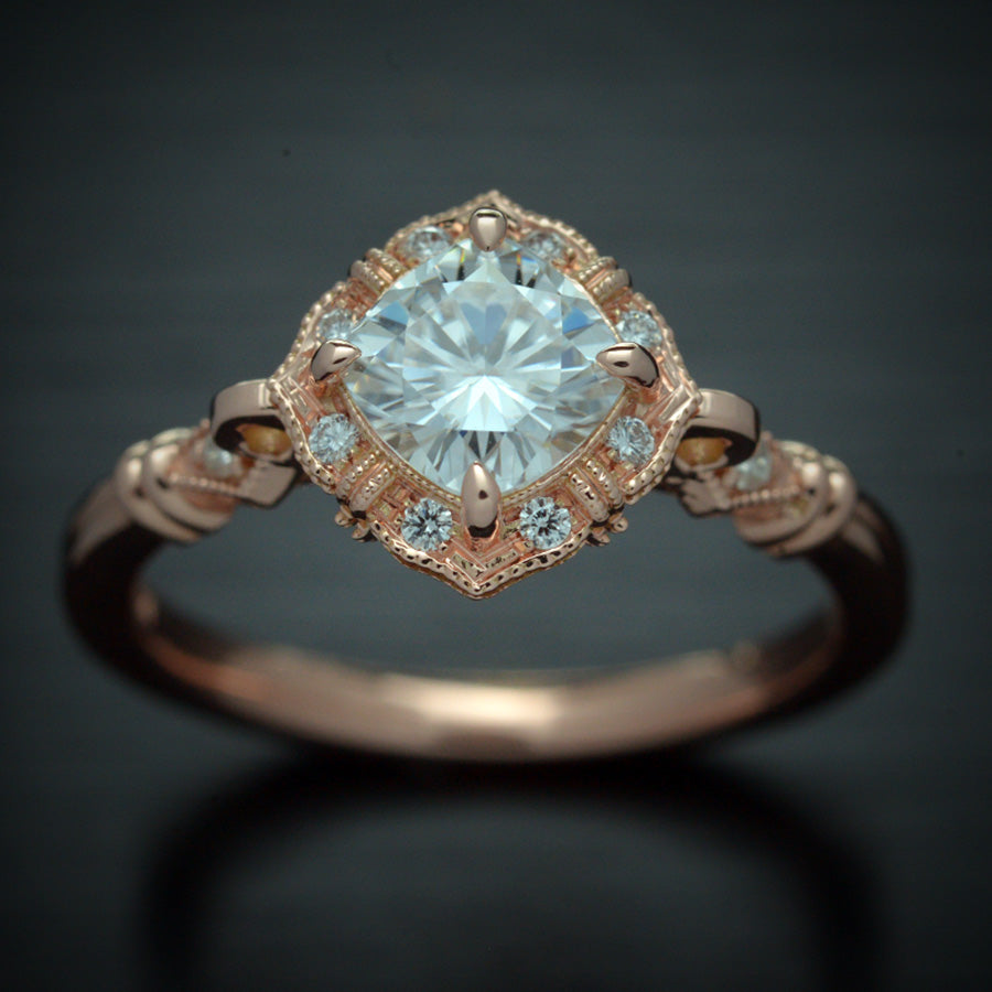 vintage cushion halo engagement ring in rose gold