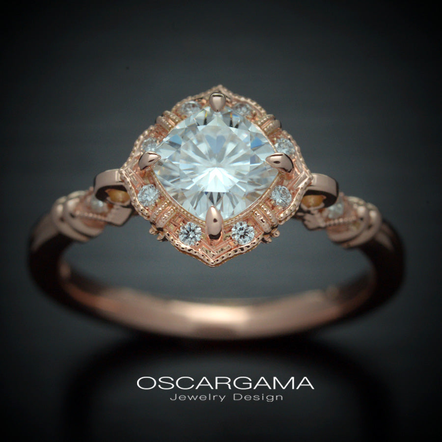 vintage cushion halo engagement ring in rose gold