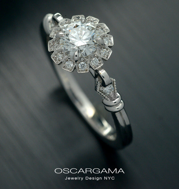 round halo vintage inspired engagement ring in white gold