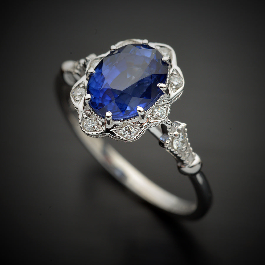 blue sapphire engagement ring halo vintage inspired in white gold