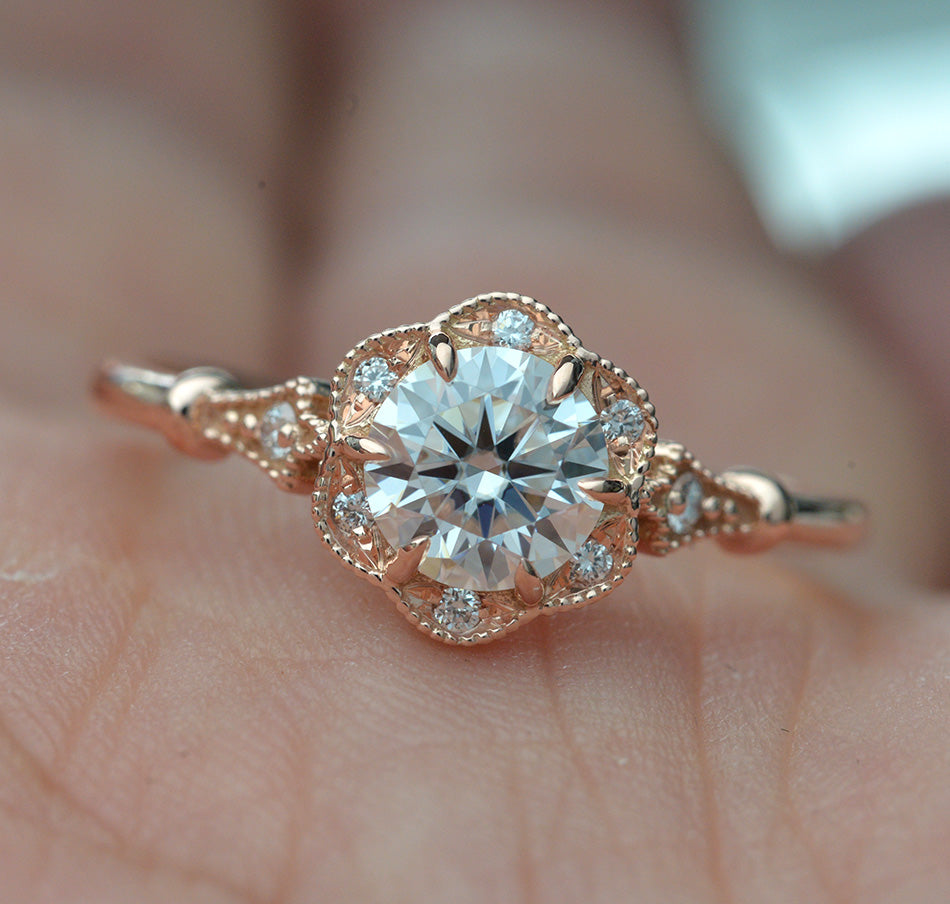 rose gold round halo flower engagement ring vintage style