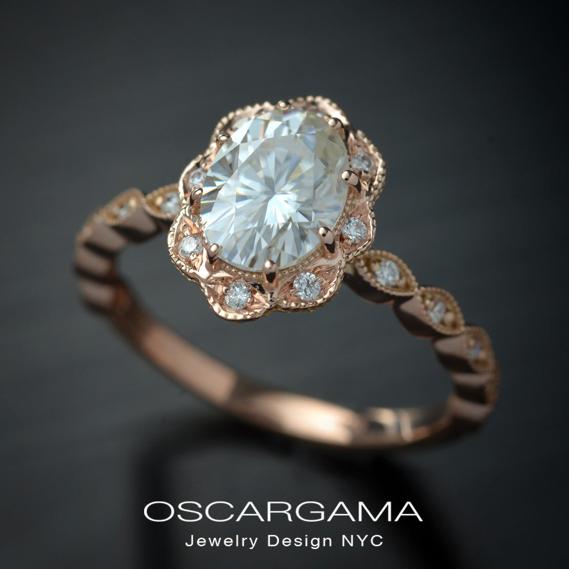 rose gold oval halo engagement ring vintage style