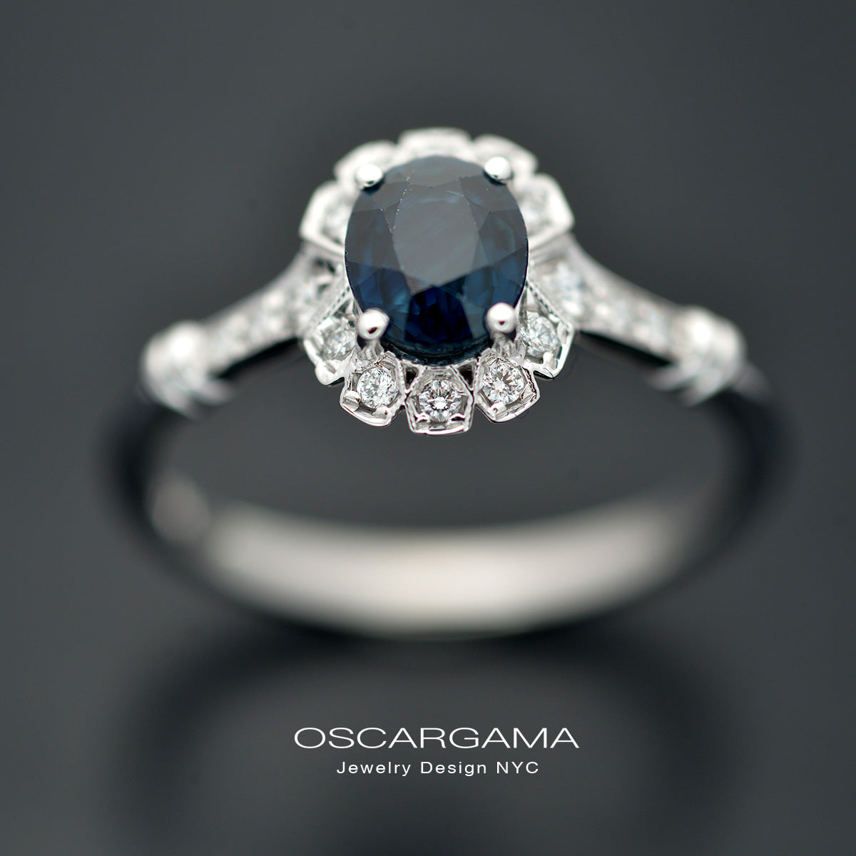 oval blue sapphire engagement ring in white gold vintage look