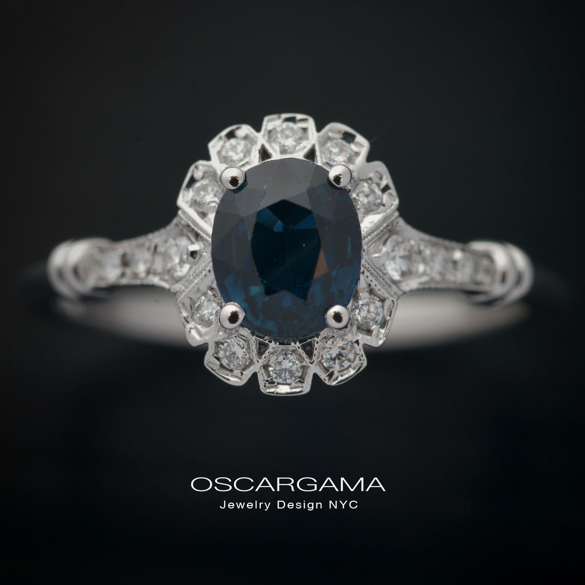 oval blue sapphire engagement ring in white gold vintage look