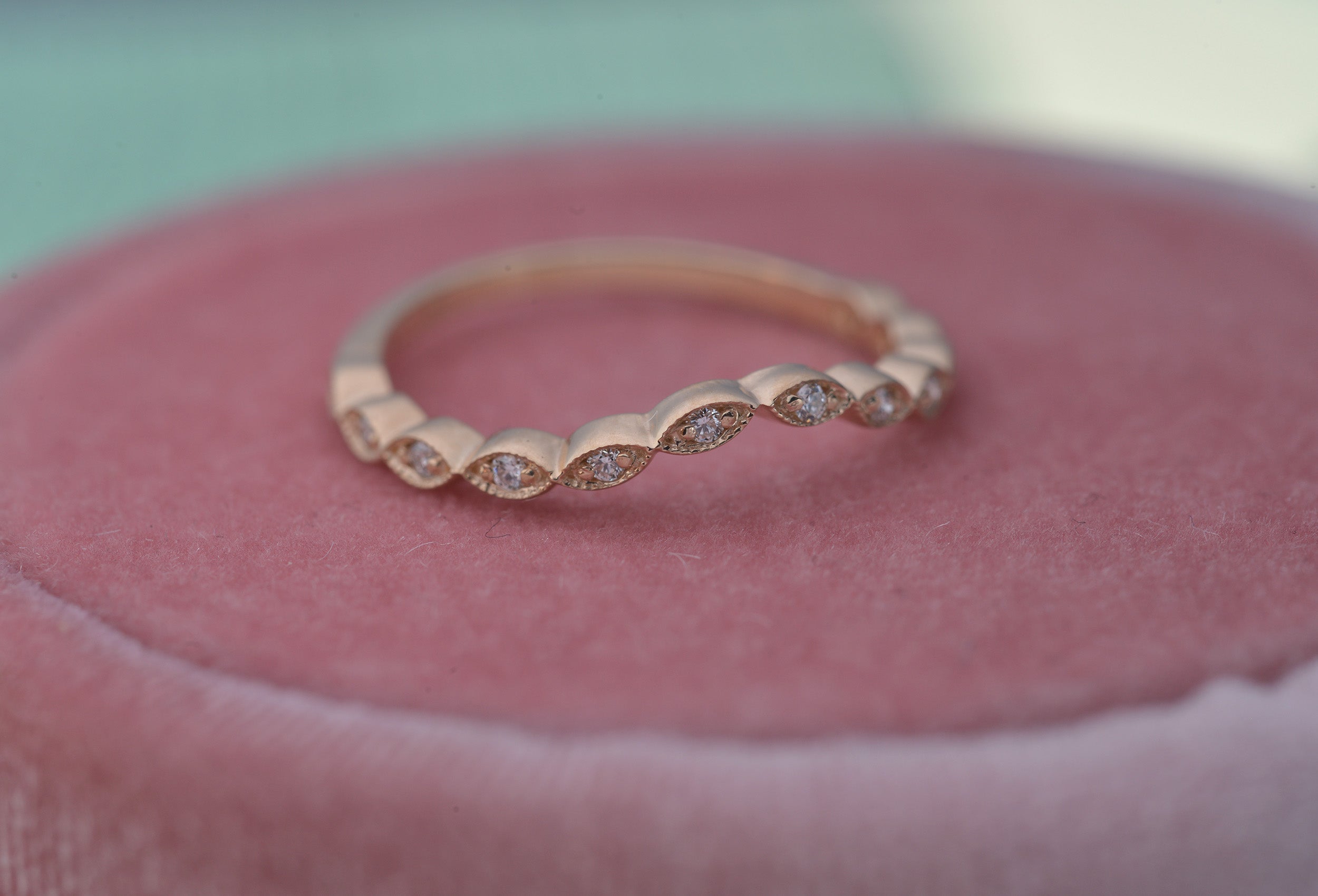 curved wedding band rose gold diamonds 12 diamonds