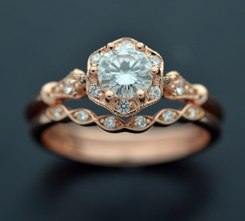 rose gold round halo flower engagement ring vintage style with band