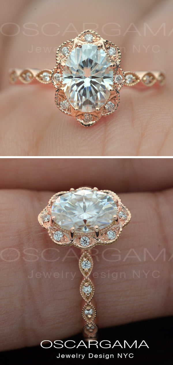 rose gold oval halo engagement ring vintage style