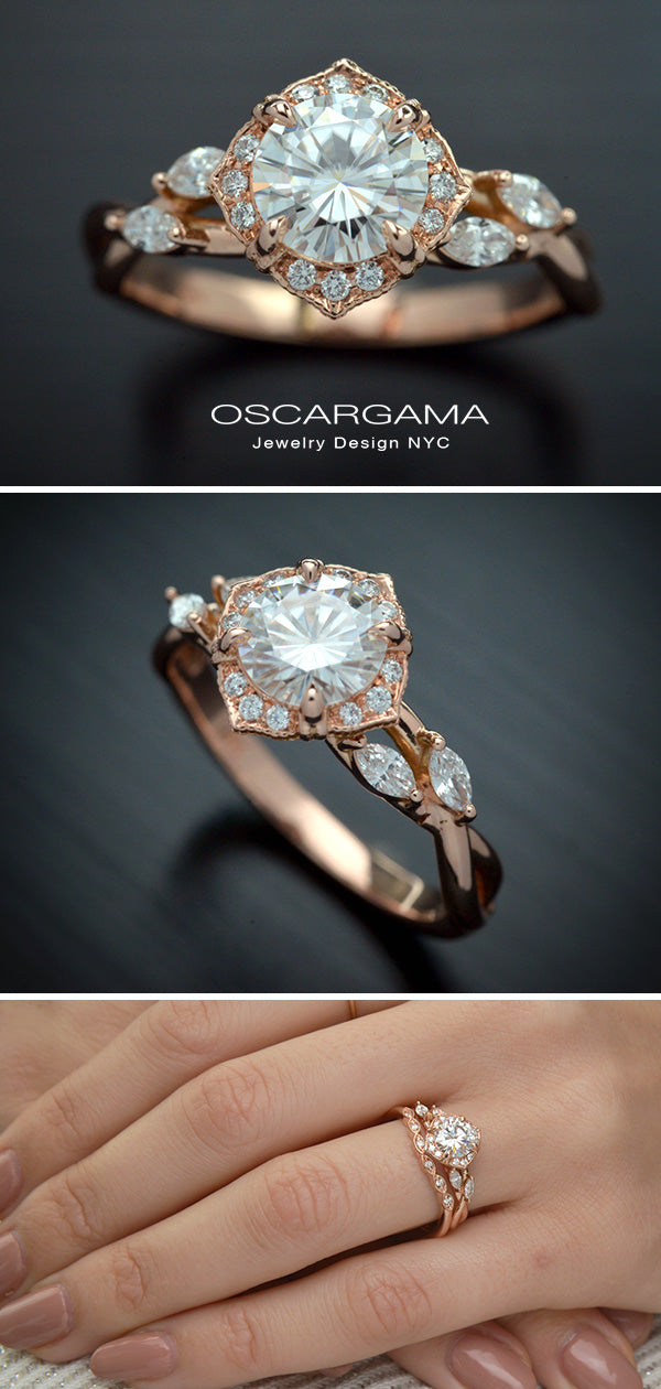 √Rose gold engagement ring vintage inspired halo with a twist band  in a hand