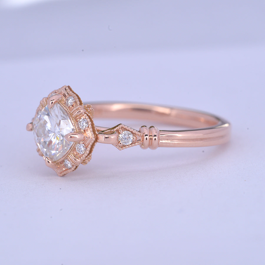 vintage cushion halo engagement ring in rose gold side view