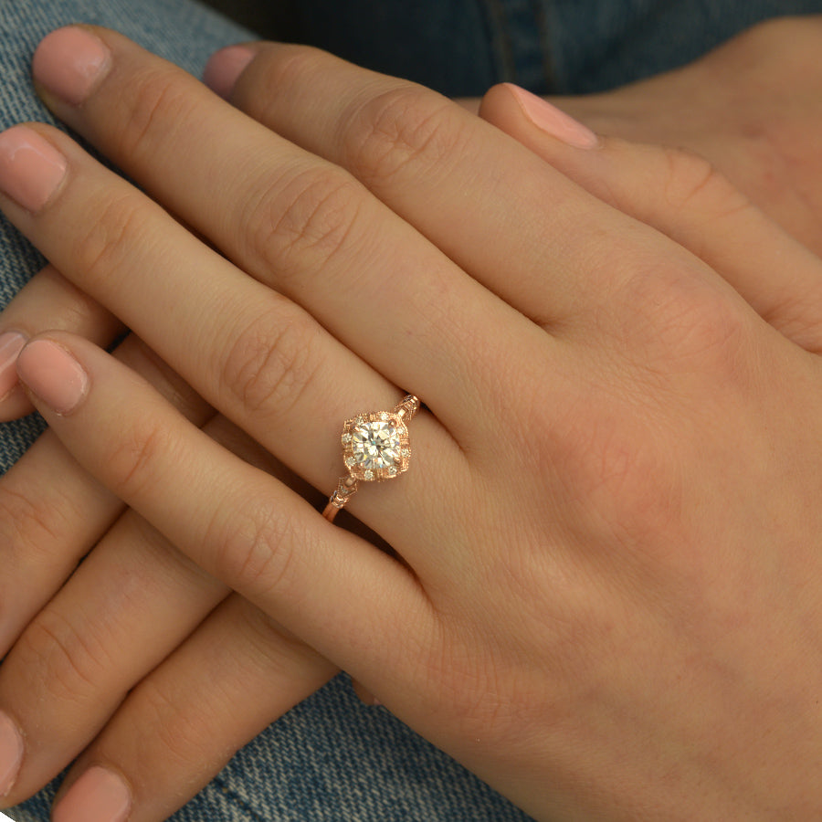 vintage cushion halo engagement ring in rose gold