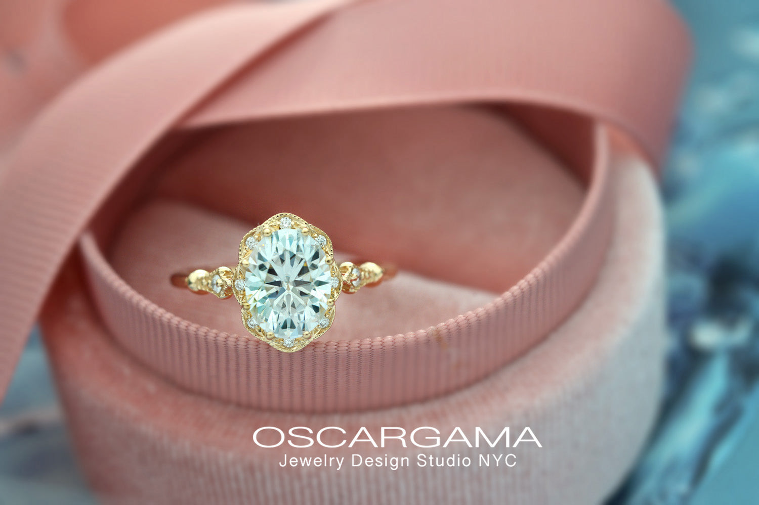 yellow gold oval halo engagement ring vintage in pink box