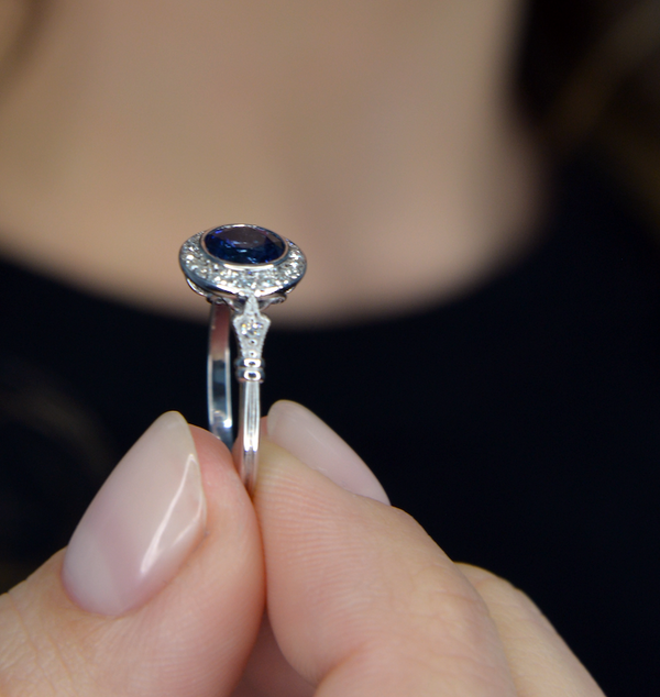 Jessica Round Bezel Blue Sapphire Halo Engagement Ring antique Look