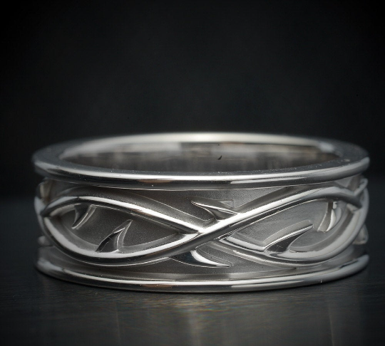 men wedding band crown of thorns white gold front view