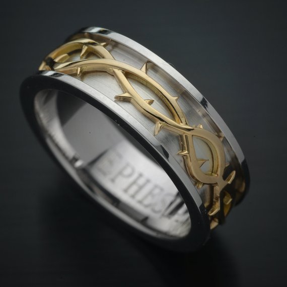 men wedding band two tone crown of thorns yellow and white gold