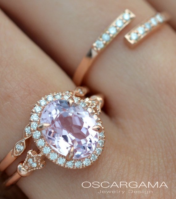 Oval aqua marine engagement ring halo in rose gold vintage inspired