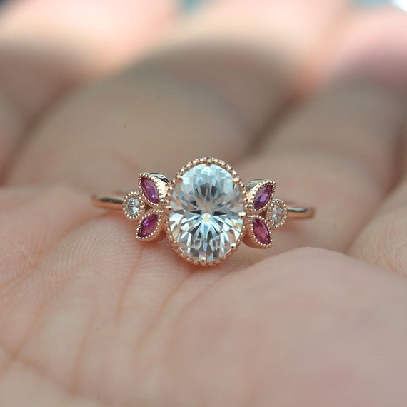 Oval engagement ring with marquise rubies in rose gold vintage inspired