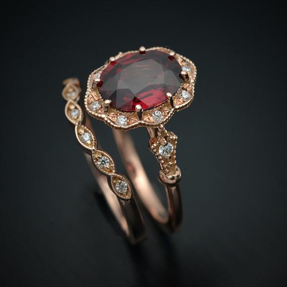 red garnet oval halo rose gold engagement ring set vintage look