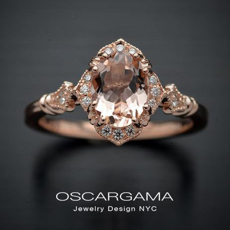 oval halo engagement ring vintage inspired with a morganite in rose gold