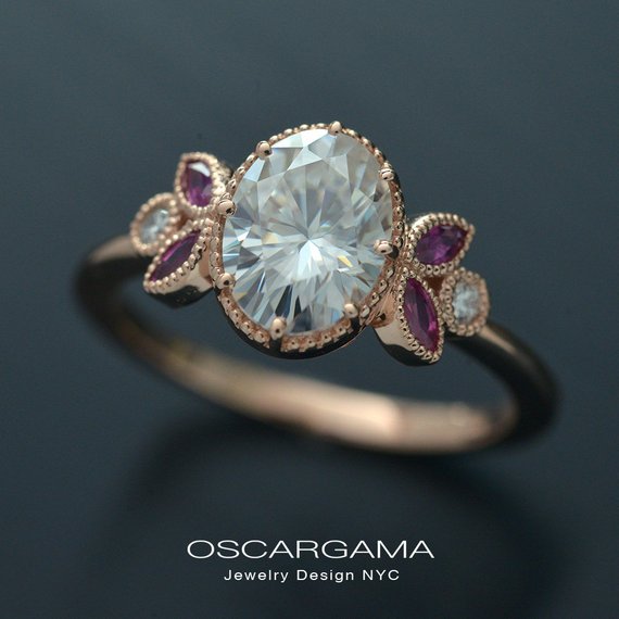 Oval engagement ring with marquise rubies in rose gold vintage inspired