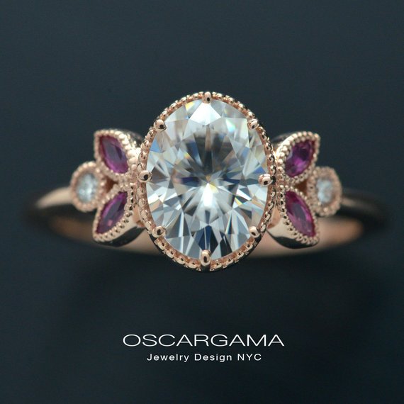 Oval engagement ring with marquise rubies in rose gold vintage inspired