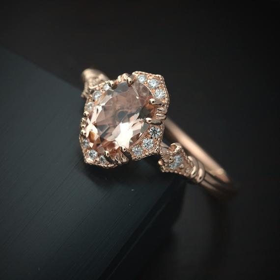 oval halo engagement ring vintage inspired with a morganite in rose gold