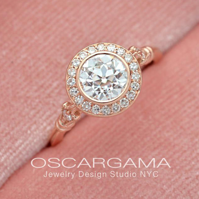 round bezel halo vintage look engagement ring in rose gold