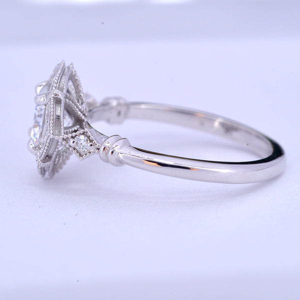 Lyzzy vintage inspired round engagement ring in white gold side view