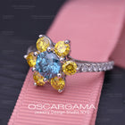 Blue and yellow lab diamonds flower ring