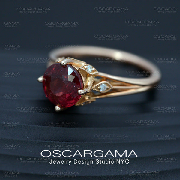 red garnet leaf vine engagement ring in rose gold