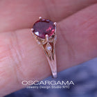 red garnet leaf vine engagement ring in rose gold