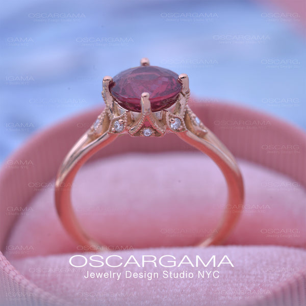 red garnet leaf vine engagement ring in rose gold